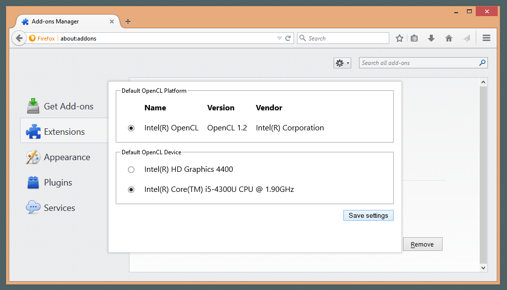 Screenshot of the OpenCL preferences dialog for the River Trail Firefox extension.