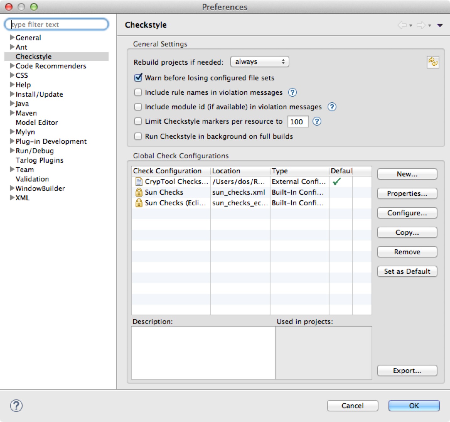 Configure Checkstyle to use the JCrypTool Checkstyle configuration