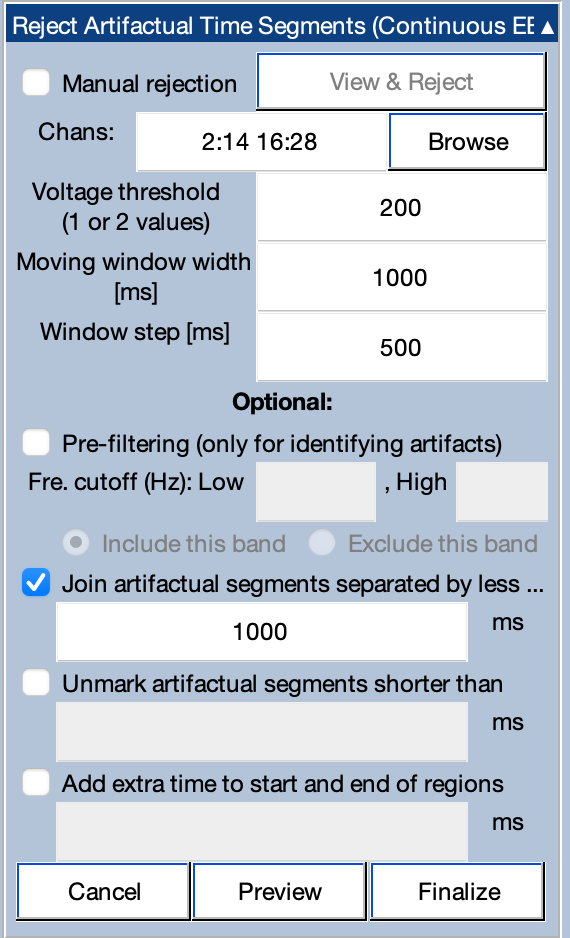 Artifact Rejection Panel